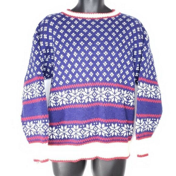 Vtg Interim M Blue White Red Fair Isle Ski Sweater - Picture 2 of 6